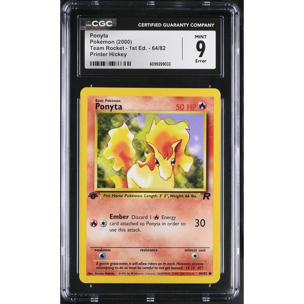 CGC 9 MINT ERROR Ponyta 1st Edition 64/82 Pokémon Team Rocket Printer Hickey